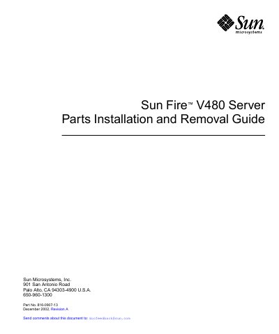 Sun Microsystems Sun Fire V480 Server Parts Installation and Removal Guide - cover page