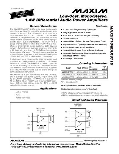 Maxim MAX9718/MAX9719 Audio Power Amplifier Datasheet - cover page