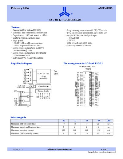 Alliance Semiconductor AS7C4098A SRAM Datasheet - cover page