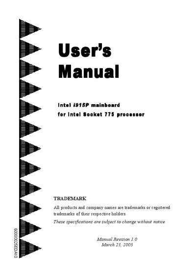 lntol i915P mainboard for lntel Socket 775 processor User's Manual - cover page