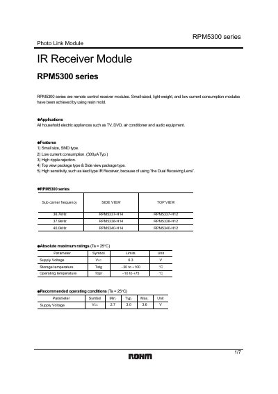 ROHM RPM5340-H14 IR Receiver Module Datasheet - cover page