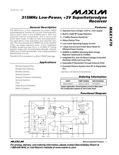 Maxim MAX1470 315 MHz Low‑Power +3 V Superheterodyne Receiver Datasheet - cover page