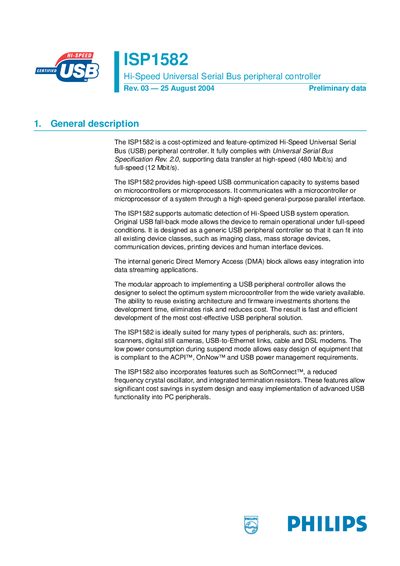 Philips ISP1582 Hi-Speed USB Peripheral Controller Datasheet - cover page