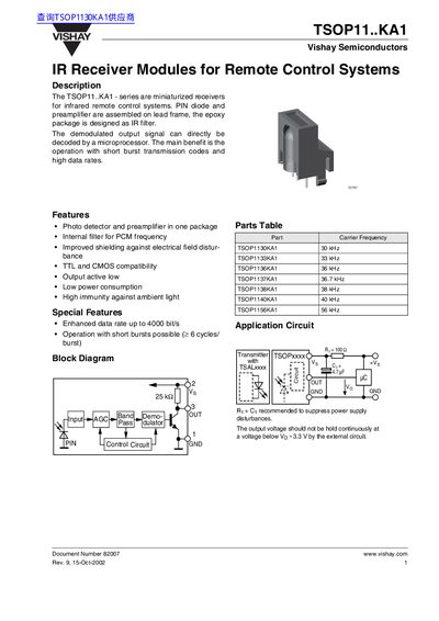 Vishay TSOP11..KA1 IR Receiver Module Datasheet - cover page