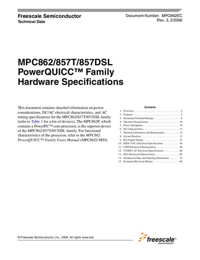 Freescale MPC862/857T/857DSL PowerQUICC Family Hardware Specifications - cover page