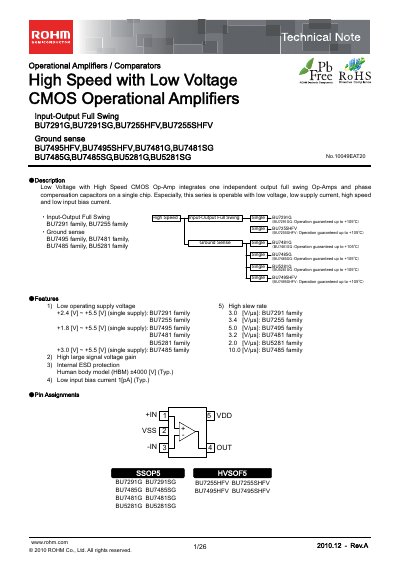 ROHM BU7495SHFV Operational Amplifier Datasheet - cover page