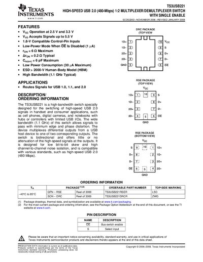  TEXAS INSTRUMENTS TS3USB221 HIGH-SPEED USB 2.0 (480-Mbps) 1:2 MULTIPLEXER/DEMULTIPLEXER SWITCH WITH SINGLE ENABL Manual - cover page