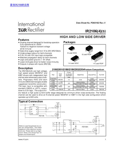 International Rectifier IR2106(4)(S) High and Low Side Driver Datasheet - cover page