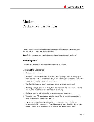 Apple Power Mac G5 Modem Replacement Instructions - cover page
