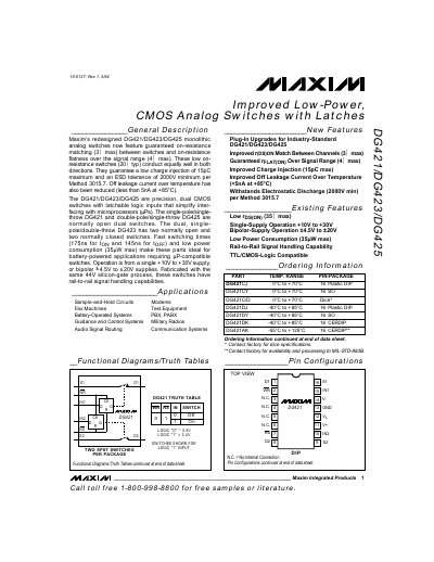 Maxim DG421/DG423/DG425 Low-Power CMOS Analog Switches with Latches Datasheet - cover page