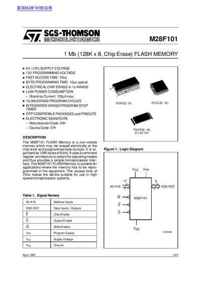 SGS-THOMSON M28F101 Flash Memory Datasheet - cover page