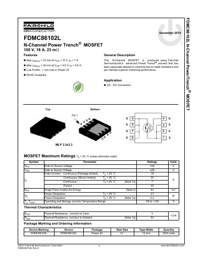 Fairchild FDMC86102L N-Channel Power Trench MOSFET Datasheet