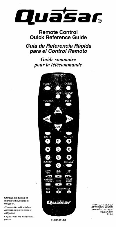 Panasonic EUR511113 Remote Control Quick Reference Guide - cover page