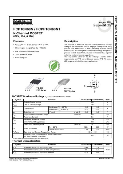 Fairchild Semiconductor FCP16N60N/FCPF16N60NT N-Channel MOSFET Datasheet - cover page