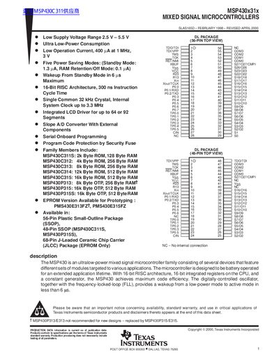 Texas Instruments MSP430x31x Mixed Signal Microcontroller Datasheet - cover page