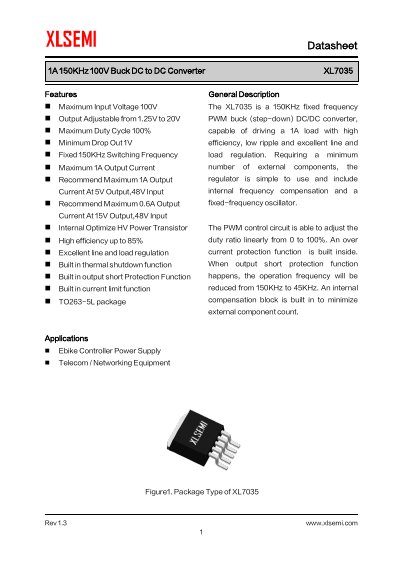 XLSEMI XL7035 1A 150KHz 100V Buck DC to DC Converter Datasheet