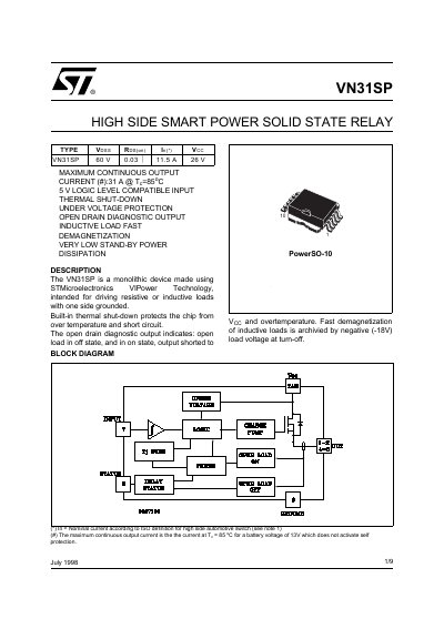 STMicroelectronics VN31SP High Side Smart Power Solid State Relay Datasheet