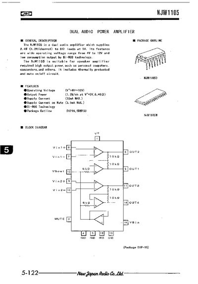 New Japan Radio NJW1105 Dual Audio Amplifier Datasheet - cover page