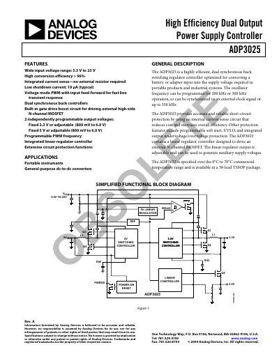 Analog Devices ADP3025 Dual Output Power Supply Controller Datasheet