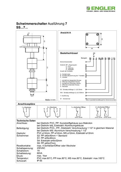 Engler SS 7 Float Switch Technology Data - cover page
