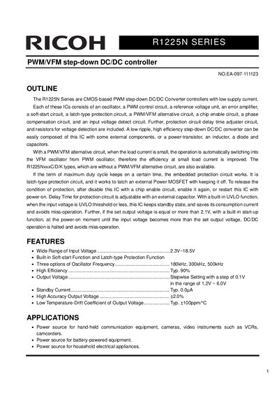 Ricoh R1225N Series PWM/VFM Step-Down DC/DC Controller Datasheet