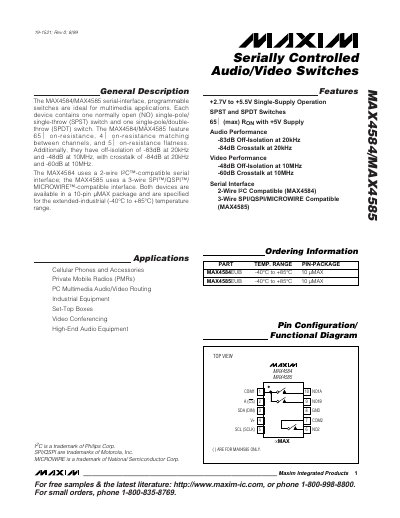 Maxim MAX4584/MAX4585 Serially Controlled Audio/Video Switches Datasheet - cover page