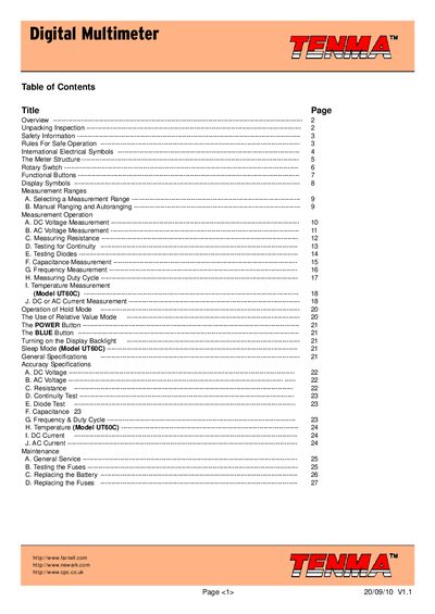 Tenma UT60C Digital Multimeter User Manual - cover page