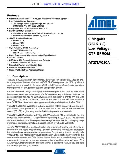 Atmel AT27LV020A OTP EPROM Handbook - cover page