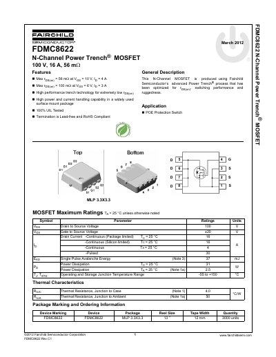Fairchild Semiconductor FDMC8622 N-Channel Power Trench MOSFET Datasheet - cover page