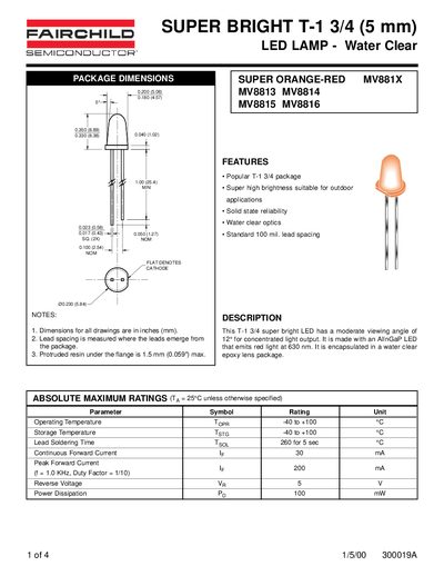 Fairchild Super Bright T-1 3/4 LED Lamp Water Clear Datasheet - cover page