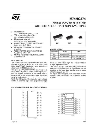 STMicroelectronics M74HC374 Octal D-Type Flip-Flop Datasheet - cover page