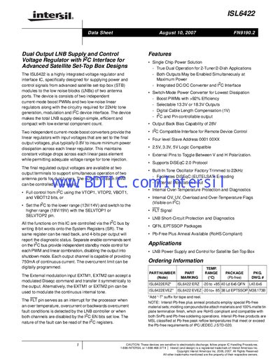 Intersil ISL6422 Dual Output LNB Supply Voltage Regulator Data Sheet - cover page