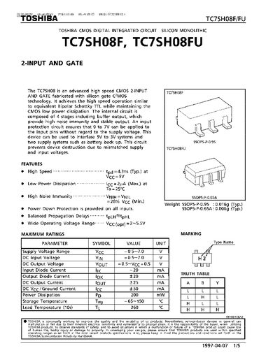 Toshiba TC7SH08F/FU 2-Input AND Gate Datasheet - cover page