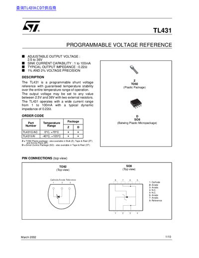 STMicroelectronics TL431 Programmable Voltage Reference Datasheet - cover page