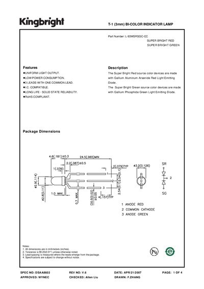KINGBRIGHT T-1 (3mm) BI-COLOR INDICATOR LAMP Part Number: L-93WSRSGC-CC  - cover page