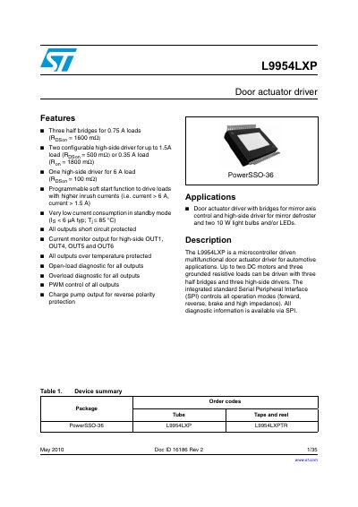 STMicroelectronics L9954LXP Door Actuator Driver Datasheet