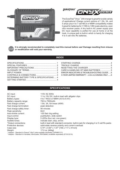DuraTrax Onyx 200 Battery Charger User Manual - cover page