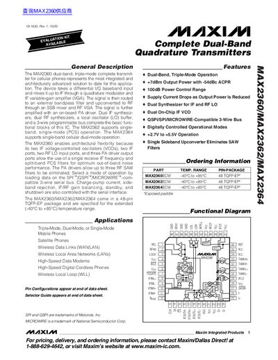 Maxim MAX2360/MAX2362/MAX2364 Complete Dual-Band Quadrature Transmitters Datasheet - cover page