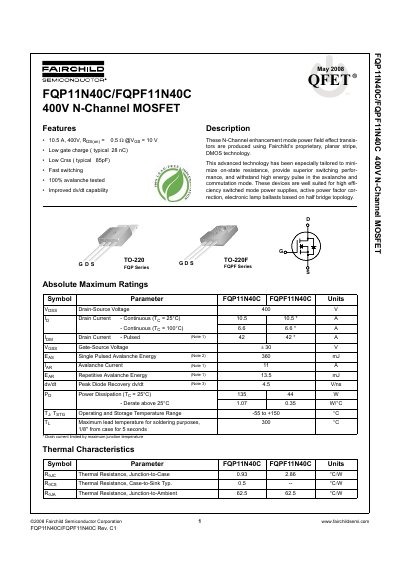 Fairchild FQP11N40C/FQPF11N40C 400V N-Channel MOSFET Datasheet
