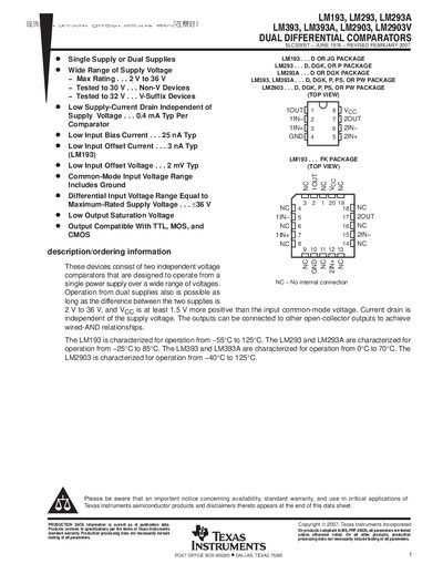 Texas Instruments LM193 LM293 LM293A LM393 LM393A LM2903 LM2903V Dual Differential Comparators Datasheet - cover page