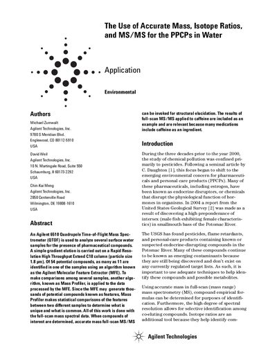 Agilent 6510 QTOF Application Note: Accurate Mass Isotope Ratios for PPCPs in Water - cover page