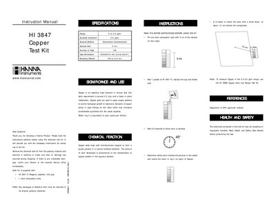 Hanna Instruments HI 3847 Copper Test Kit Instruction Manual - cover page