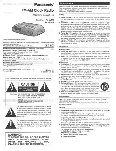 Panasonic RC-6299/RC-6288 FM-AM Clock Radio Operating Instructions - cover page