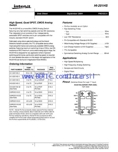 Intersil HI-201HS CMOS Analog Switch Datasheet - cover page