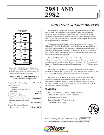 ALLEGRO MICROSYSTEMS 2981 AND 2982 8-CHANNEL SOURCE DRIVERS - cover page