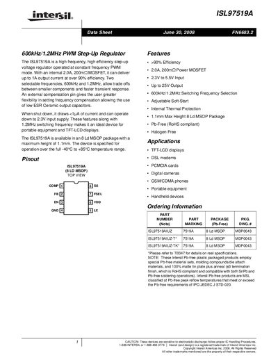 Intersil ISL97519A Step-Up Regulator Datasheet - cover page
