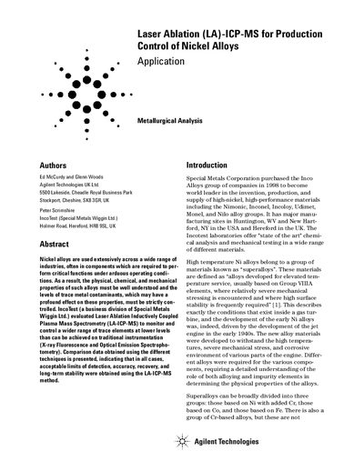 Agilent 7500a ICP-MS for Nickel Alloy Production Control Application Note