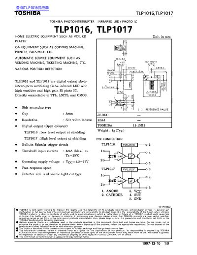 Toshiba TLP1016/TLP1017 Photo Interrupter Datasheet - cover page