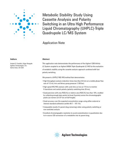 Agilent Metabolic Stability Study Using Cassette Analysis and Polarity Switching in a UHPLC-Triple Quad LC/MS System App - cover page