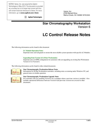 Agilent Star Chromatography Workstation V6 LC Control Release Notes - cover page